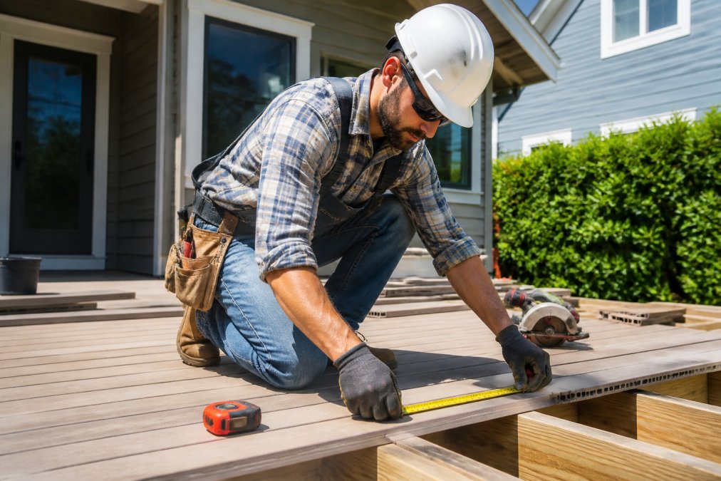 Independent contractor working on-site at a construction job, measuring and installing materials with precision, wearing safety gear in bright daylight on a residential property