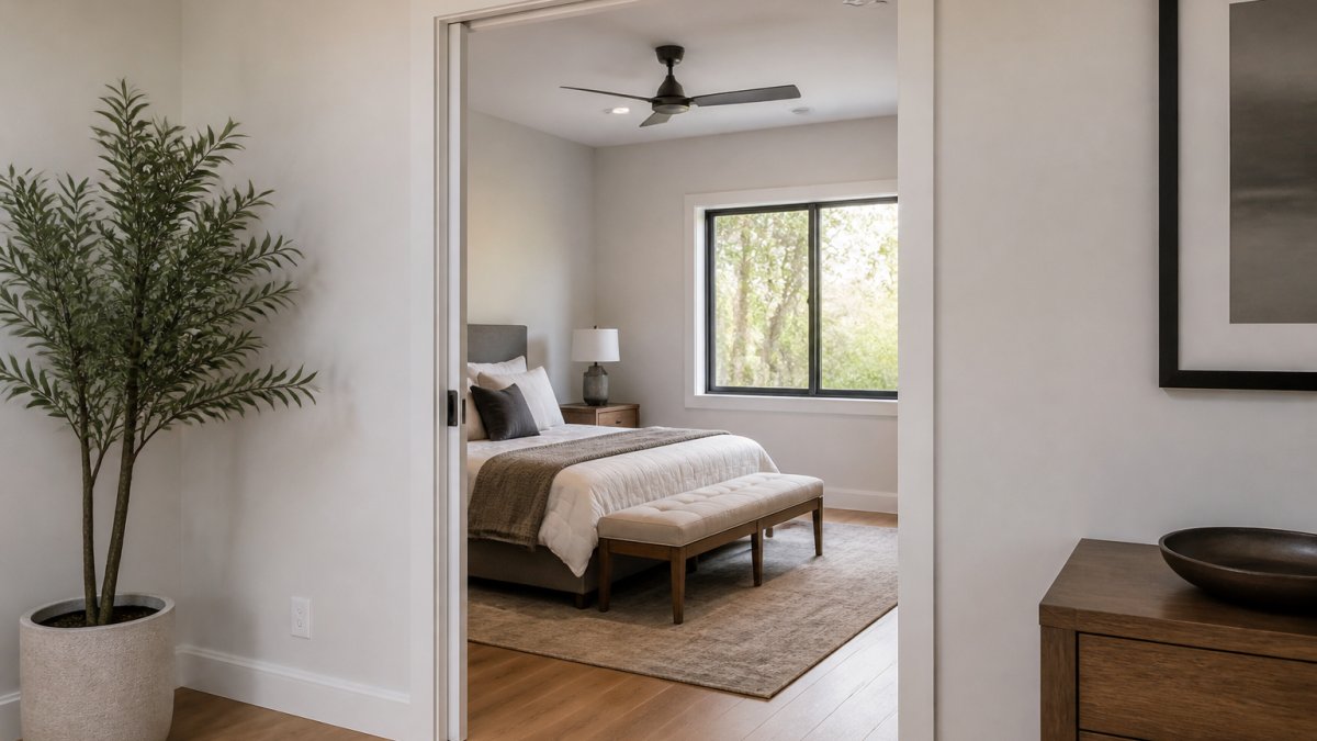 Modern small bedroom with pocket door fully retracted into wall, showing reclaimed space with natural light from window, minimalist furniture arrangement demonstrating how door design maximizes usable floor area