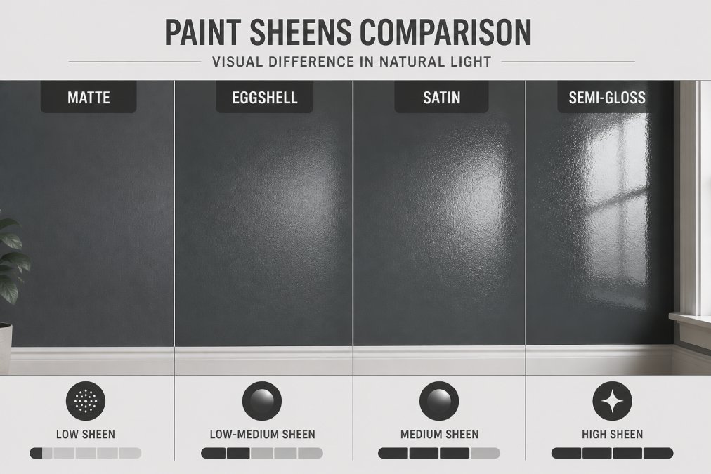 Close-up of four painted wall samples showing different sheens side by side in natural light, demonstrating the visual difference between matte, eggshell, satin, and semi-gloss finishes