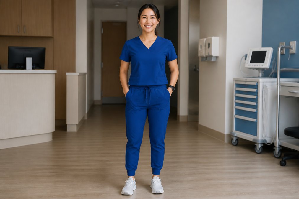 Petite healthcare worker wearing properly fitted jogger scrubs standing in clinical setting, demonstrating correct inseam length at ankle without bunching or dragging, with natural hospital lighting, showing how top and pants proportions work together