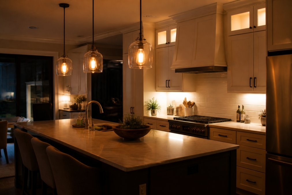 Modern kitchen island with multiple pendant lights suspended above, dimmed to warm amber tones, with under-cabinet task lighting glowing softly during evening meal preparation, showing distinct lighting layers in action