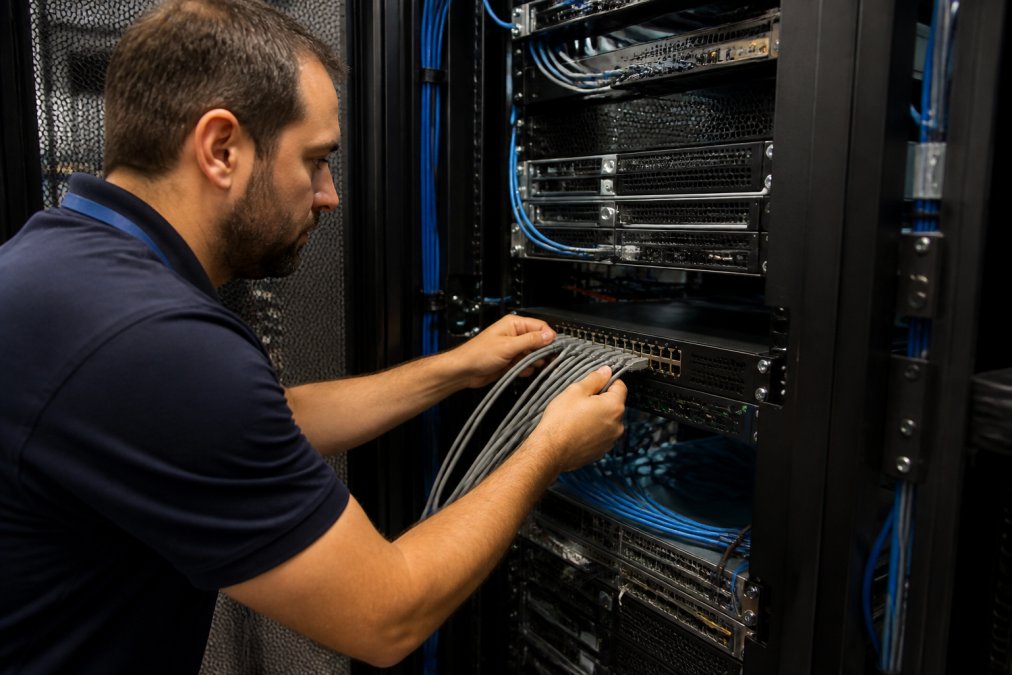 Data center technician connecting network cables to a rack-mounted KVM switch in a server room