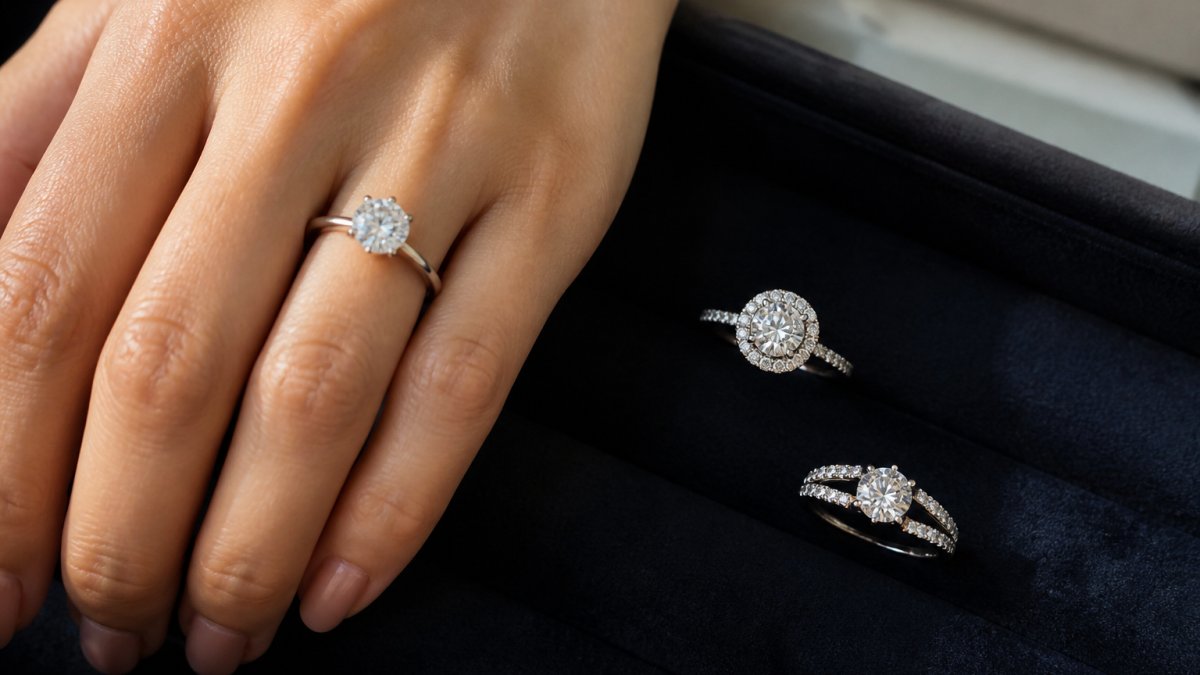 Solitaire and halo lab-grown diamond engagement rings resting on a dark velvet tray in soft natural light