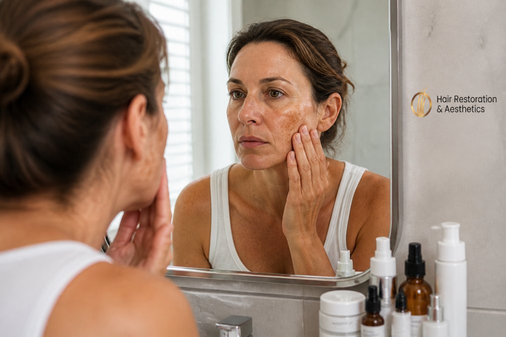 Woman examining sun spots and uneven texture in a mirror before considering laser skin treatments