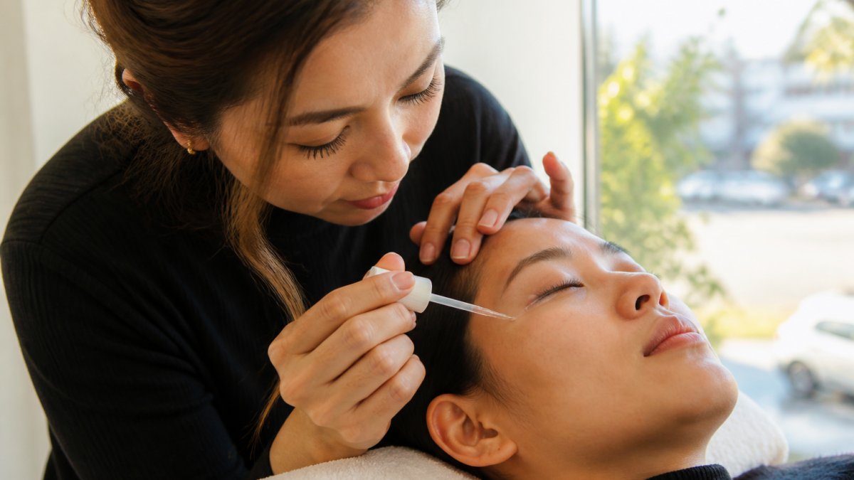 Close-up of a lash artist in a bright salon applying a thin line of clear serum along a client's upper lash line with a fine-tipped applicator, client's eyes closed, soft daylight from a window