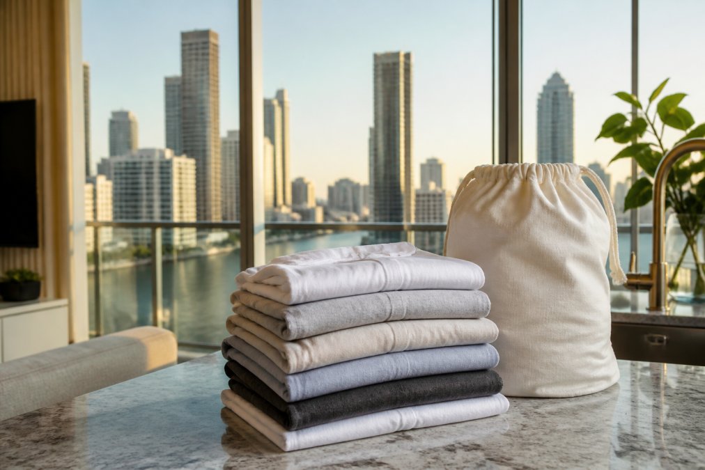 A neatly folded stack of fresh laundry on a marble countertop in a modern Brickell high-rise apartment, a canvas laundry bag resting beside it, Miami skyline visible through floor-to-ceiling windows in soft morning light
