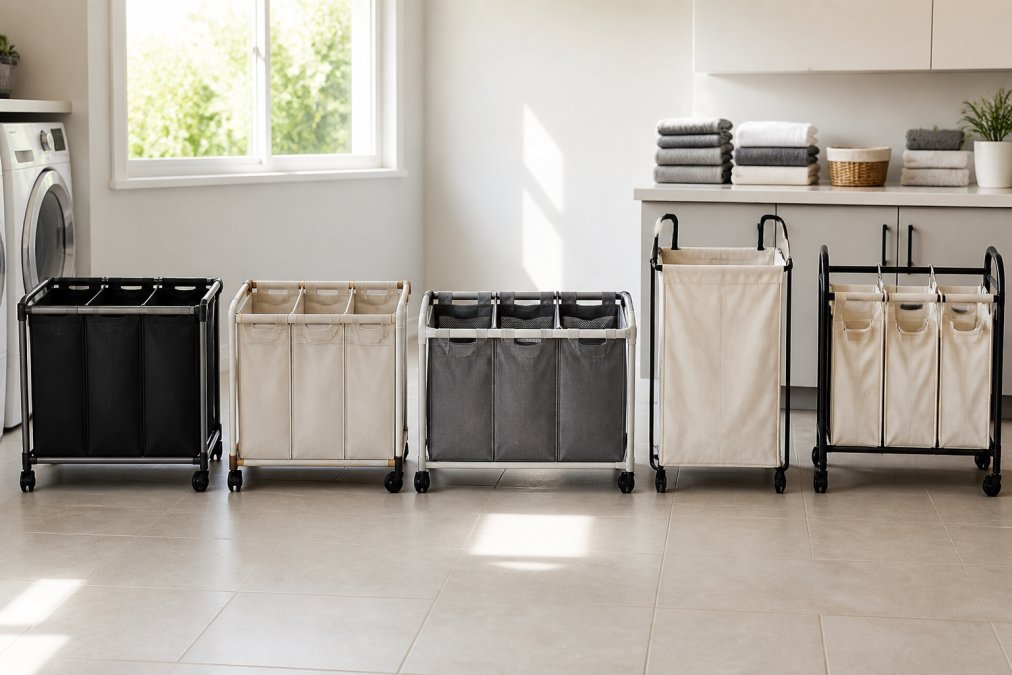 A bright, modern laundry room with five different sorting carts and hampers arranged side by side on a clean tile floor, each displaying different compartment styles and colors, with natural daylight streaming through a window and folded clothes visible on a nearby table