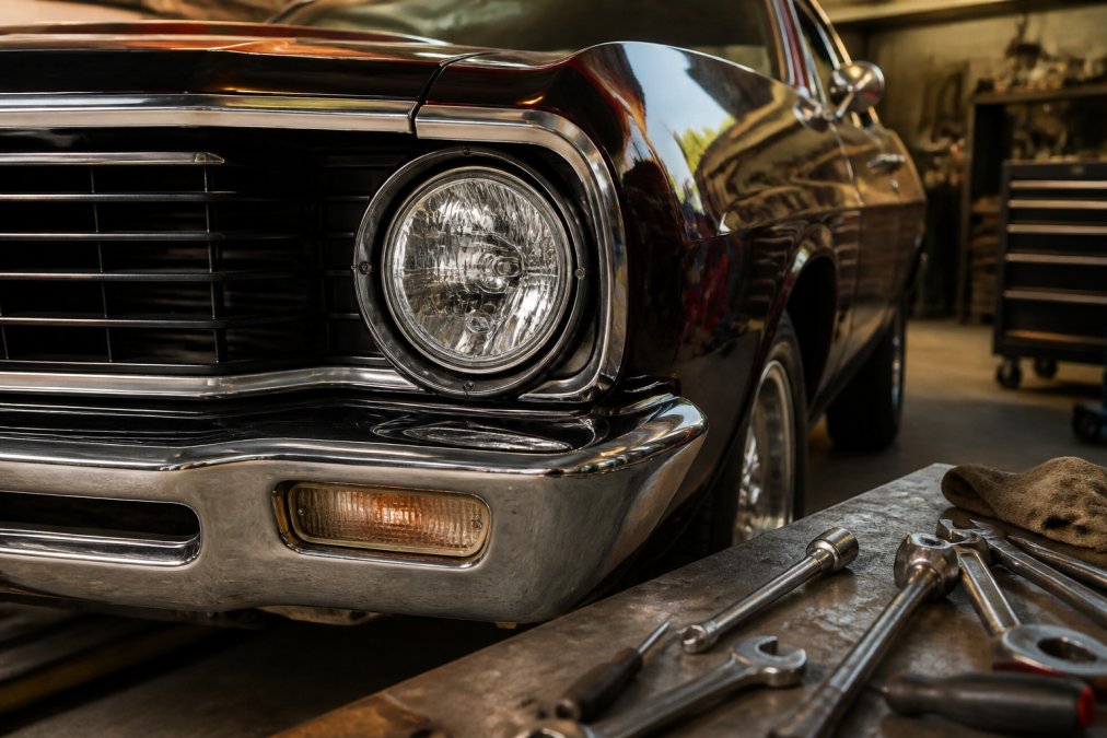 Classic muscle car with installed 7-inch LED headlight kits in a garage with tools on a workbench nearby