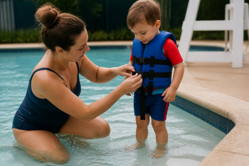 Parent adjusting a toddler's life jacket straps at the pool edge, demonstrating proper crotch strap positioning and shoulder strap tightness with child standing in shallow water
