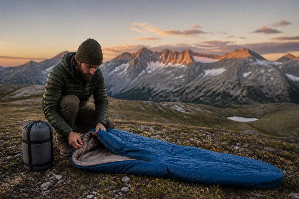 A backpacker at a campsite at dawn, kneeling beside a lightweight sleeping bag and compression sack, with a mountain range in the background