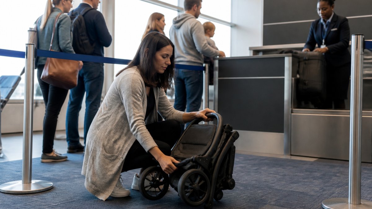 Parent folding a compact lightweight stroller at an airport gate while airline staff check luggage in the background, with other passengers waiting in queue