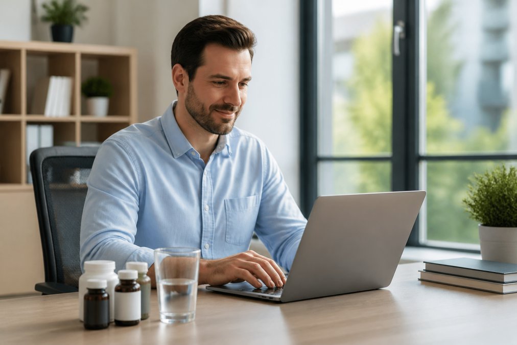 Focused professional working at a desk with longevity supplements for beginners nearby in a bright office