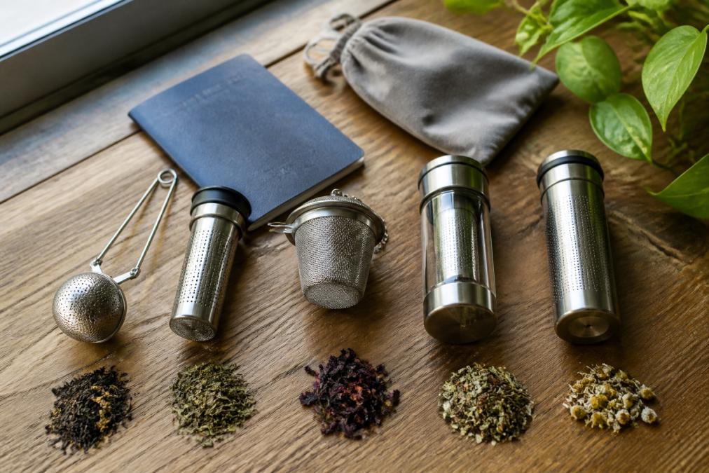 Flat lay of five different stainless steel and glass travel tea infusers arranged on a wooden surface with loose leaf tea scattered nearby, a passport, and a small travel pouch visible in natural window lighting