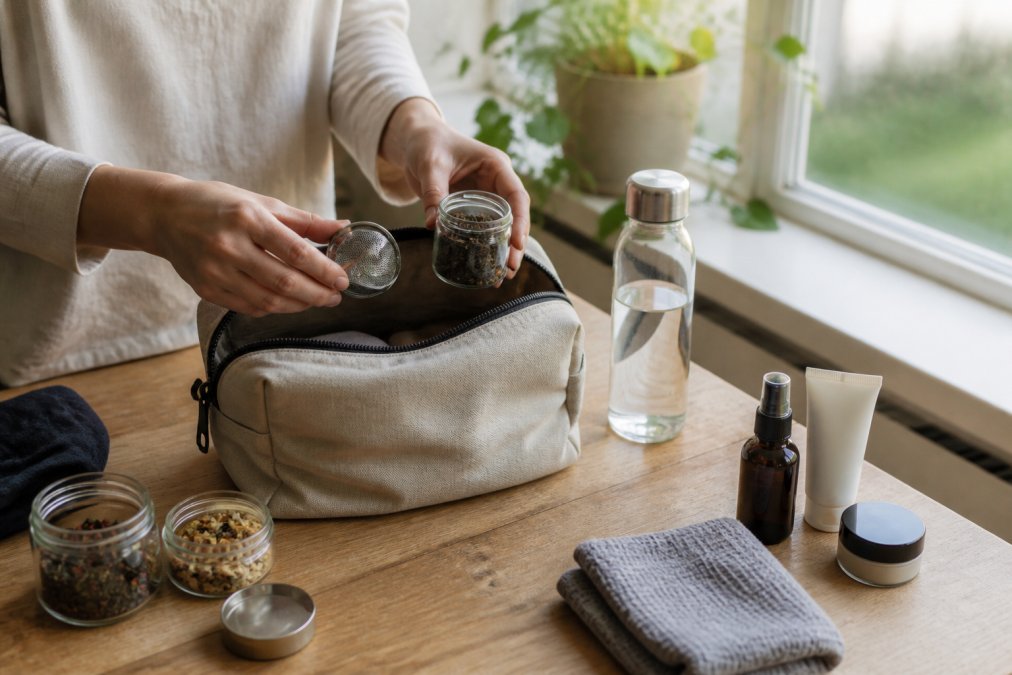 Hands carefully packing a stainless steel infuser basket and small glass jars of loose leaf tea into a canvas travel bag next to toiletries and a small water bottle, with natural afternoon light streaming through a window