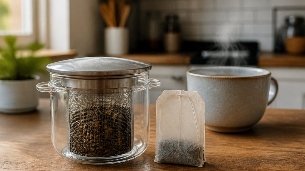 Close-up of loose leaf tea in a glass infuser next to a plain tea bag on a wooden kitchen counter, with a steaming cup in the background