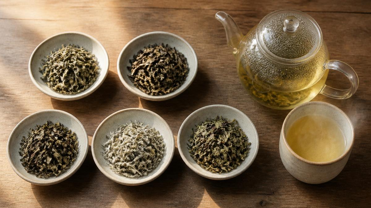 Overhead shot of five small piles of loose leaf white tea on a wooden table, each in a small ceramic dish, with a glass teapot and a steaming cup nearby in soft natural light