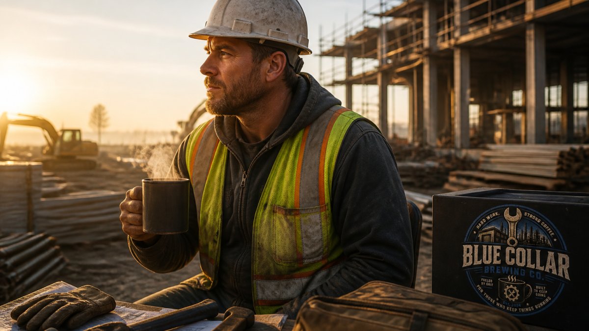 Construction worker in safety vest and hard hat holding a steaming cup of coffee during an early morning job site break, with tools and equipment visible in the background