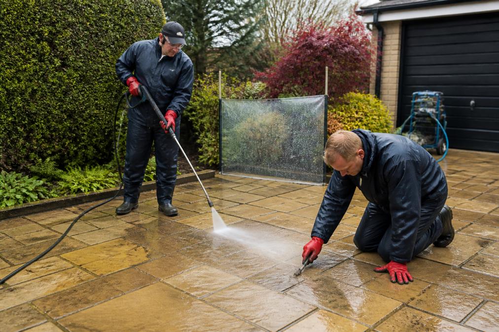 A professional exterior cleaner in protective gear using a low-pressure washer on a sandstone patio, with a protective spray shield guarding nearby plants and a second technician checking a mossy stone joint