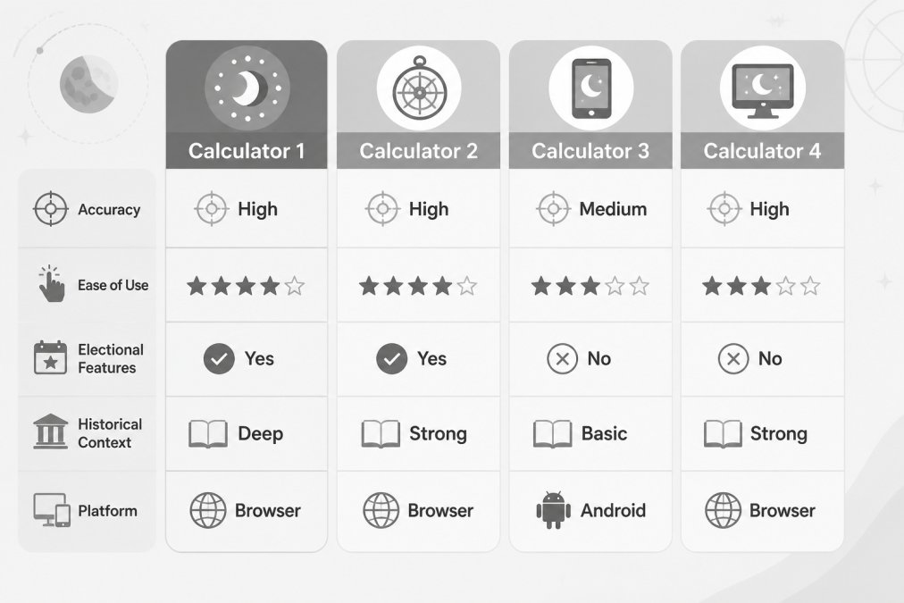 Comparison matrix of 4 lunar mansion calculators across criteria: Accuracy (High/Medium), Ease of Use, Electional Features (Yes/No), Historical Context (Deep/Basic/Strong), and Platform (Browser/Android)