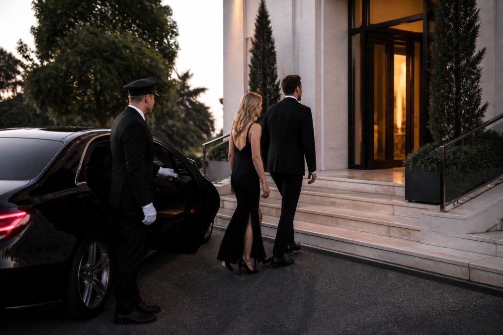 A uniformed chauffeur in a black suit standing beside a polished black luxury sedan outside a modern event venue at dusk, holding the rear passenger door open for a formally dressed couple ascending marble steps