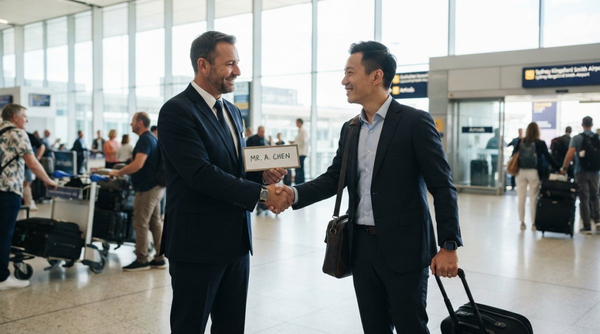 Professional chauffeur in dark suit holding a nameplate sign at an airport terminal, greeting a business traveller with luggage, natural daylight streaming through terminal windows