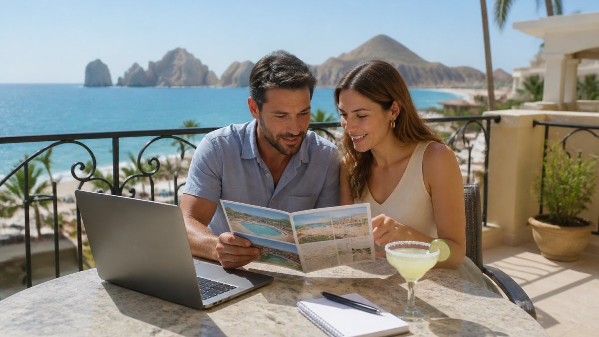 A couple reviewing a resort brochure and laptop on a sunlit balcony overlooking the ocean, with a cocktail and notepad nearby, planning their Cabo luxury hotel and airfare package