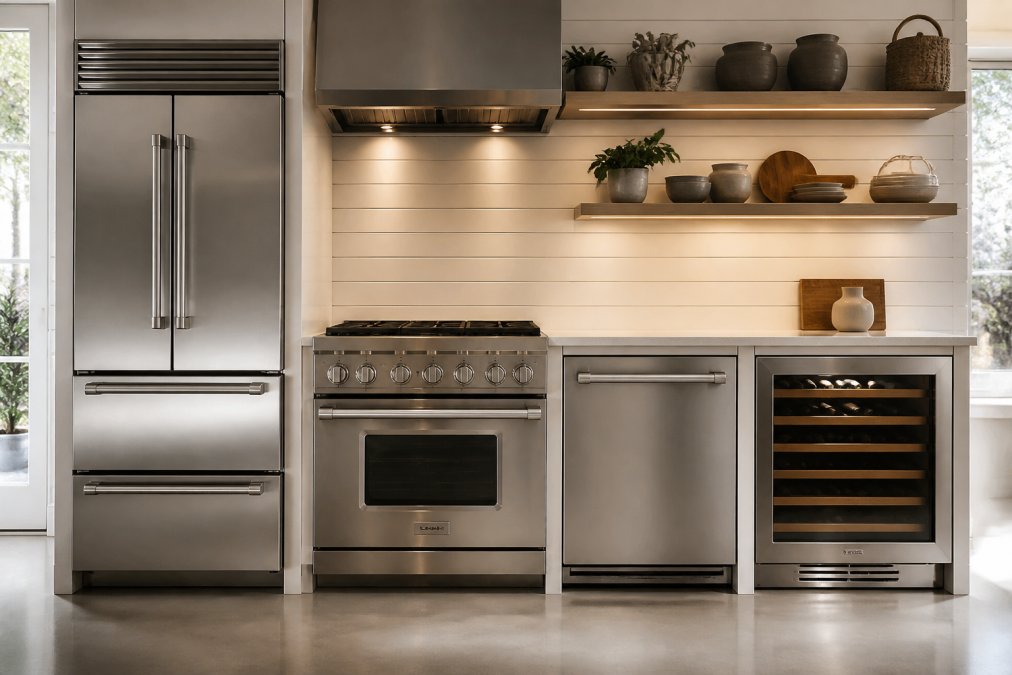 Modern luxury kitchen showroom with five high-end premium appliances displayed side-by-side including stainless steel refrigerator, professional range, integrated dishwasher, and wine cooler arranged in bright contemporary setting with soft natural lighting and polished concrete floors