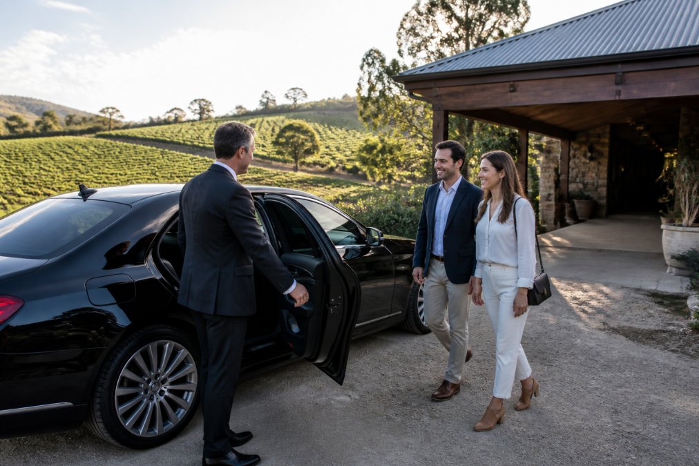 A chauffeur in a dark suit opening the rear door of a luxury sedan for a couple outside a boutique vineyard cellar door, with rolling vineyard rows in the background under soft morning light