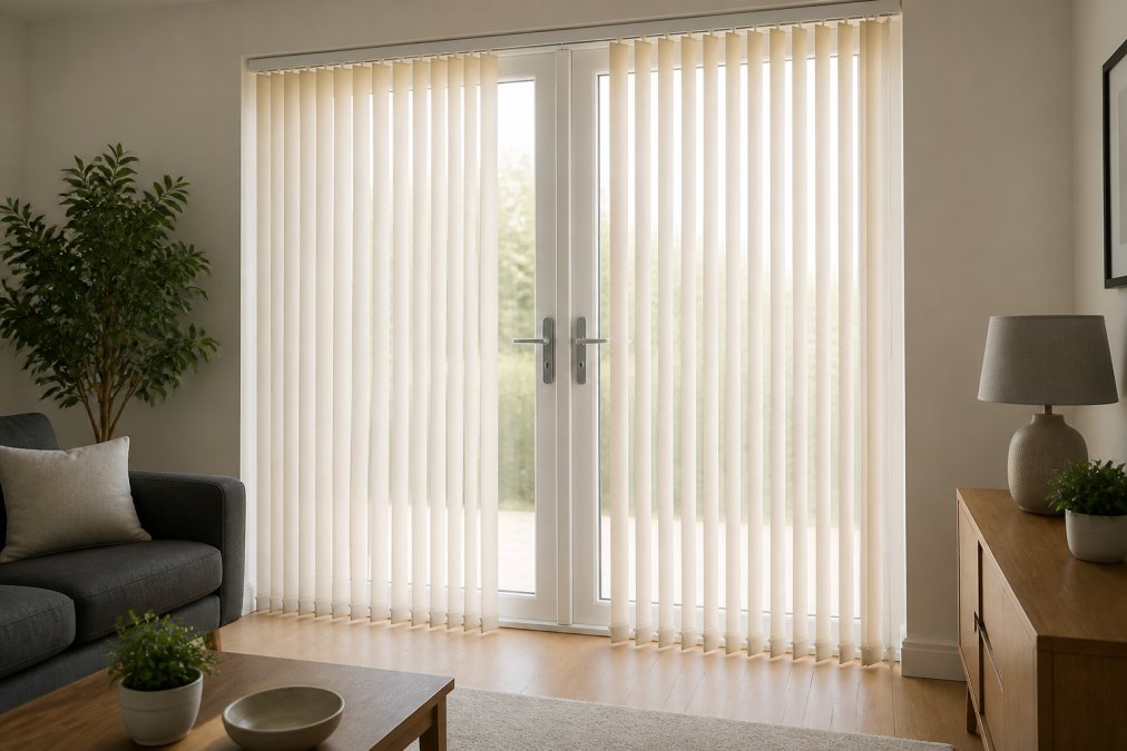 Modern living room featuring French doors dressed in cream-coloured vertical blinds, natural sunlight filtering softly through the slats, showing door handles clearly and the blinds extending from frame top to floor