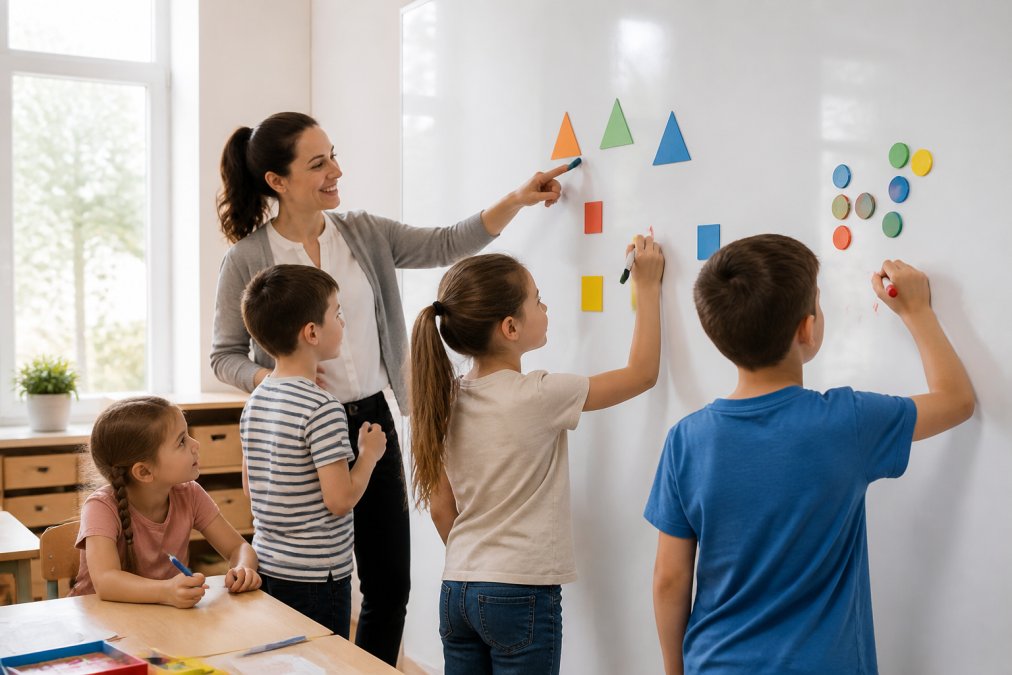 Primary school classroom with students writing on a magnetic white wallcovering with dry-erase markers, teacher pointing to magnetic learning aids on the wall, bright natural light from windows