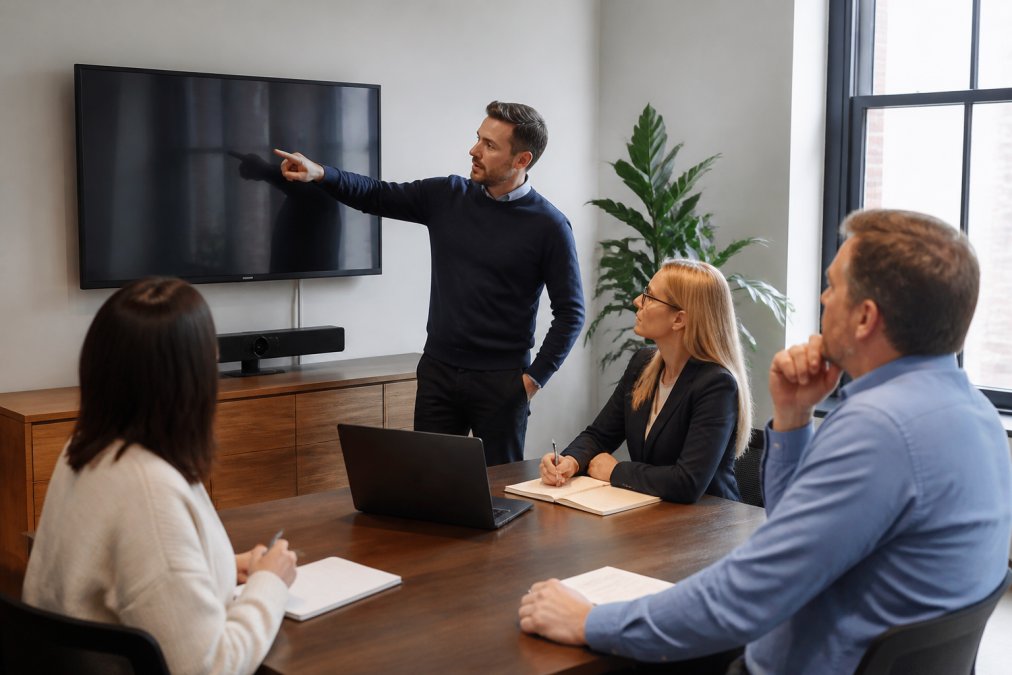 A professional services team in a bright modern office reviewing IT security dashboards on a large monitor, with one person pointing at the screen while colleagues take notes