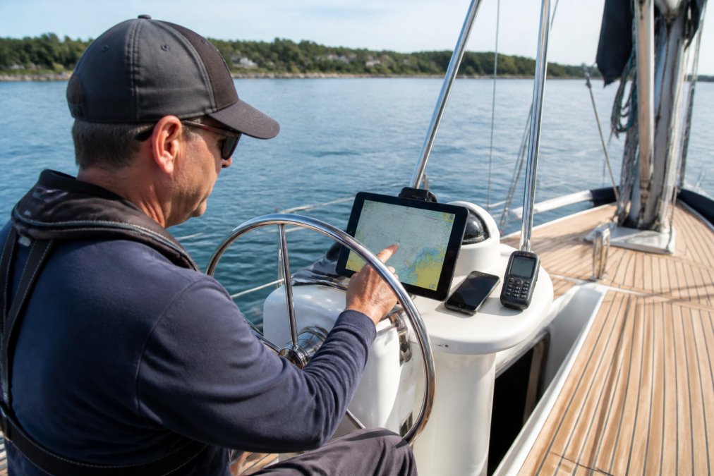 Sailor at the helm of a sailboat checking a tablet while navigating calm coastal waters with handheld devices nearby.