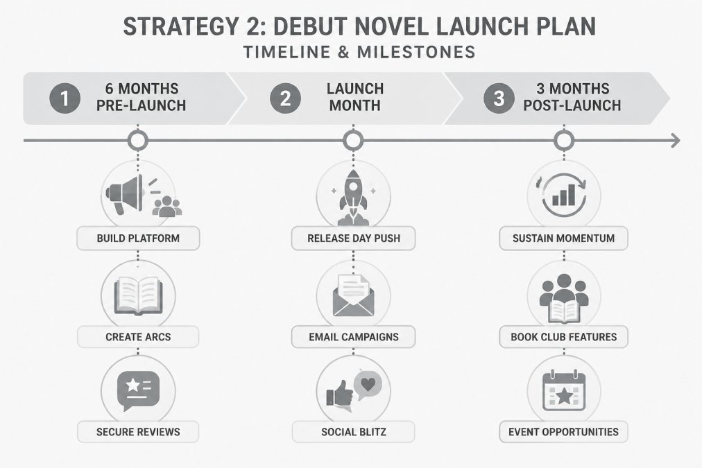 Timeline showing marketing phases: 6 months pre-launch (build platform, create ARCs, secure reviews), launch month (release day push, email campaigns, social blitz), 3 months post-launch (sustain momentum, book club features, event opportunities)