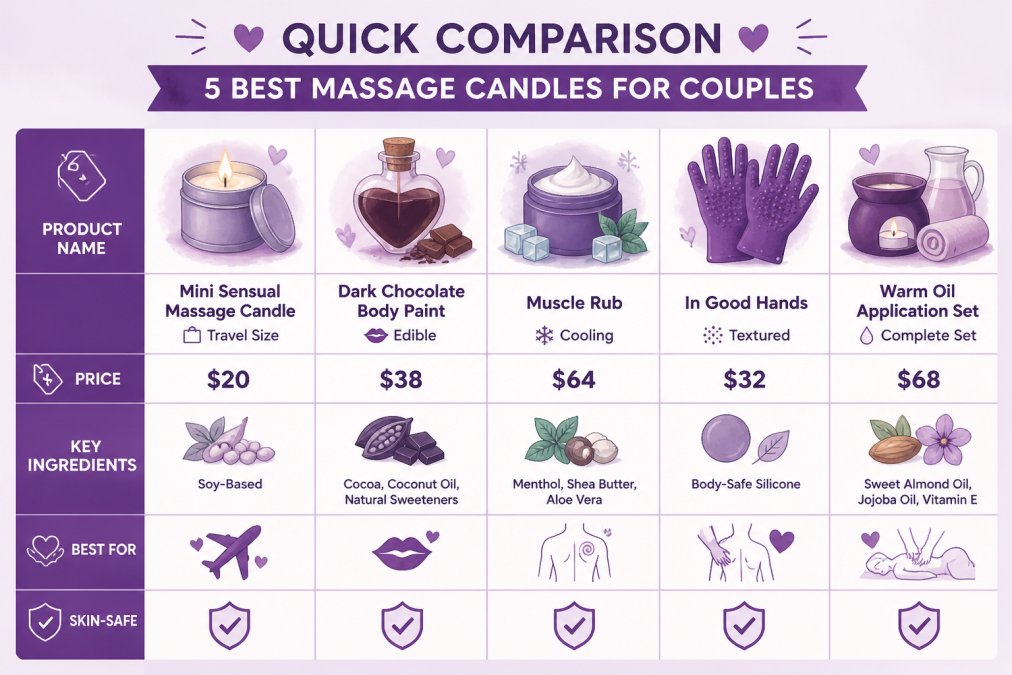 Watercolor comparison matrix of five intimate products: Mini Sensual Massage Candle $20 soy-based travel size, Dark Chocolate Body Paint $38 edible heart-shaped vial, Muscle Rub $64 cooling menthol shea butter, In Good Hands $32 silicone textured gloves, and a warm oil application set; columns show Product Name, Price, Key Ingredients, Best For, Skin-Safe