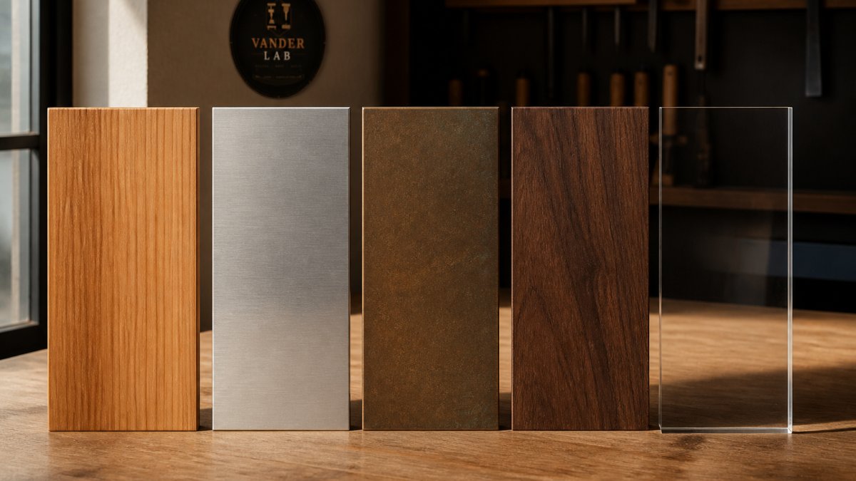 Professional display of five different material samples for custom engraved home signs arranged side by side: cedar wood plank with warm honey tone, brushed aluminum sheet with matte finish, bronze plate with developing patina, walnut wood piece with dark grain, and clear acrylic panel, photographed with natural side lighting to show texture and finish differences