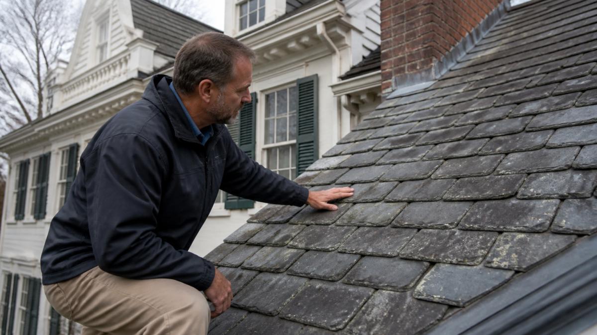 Professional contractor examining weathered historic roof tiles on a colonial-era home, running hand across slate surface with architectural details visible