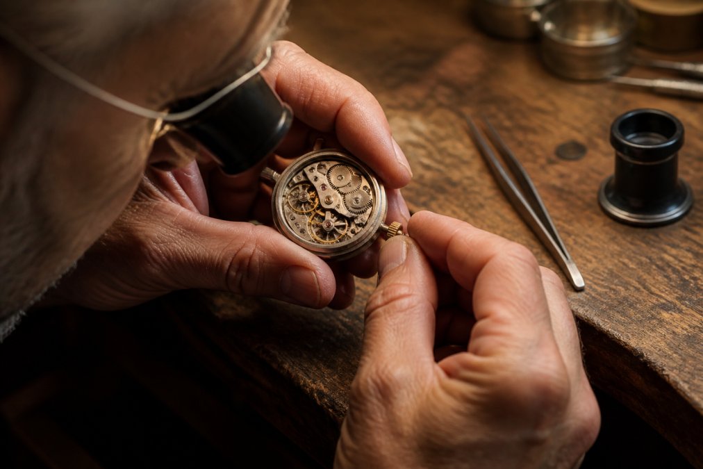 Close-up of a watchmaker's hands winding a mechanical watch crown with a loupe and tweezers resting on a worn wooden workbench under warm task lighting