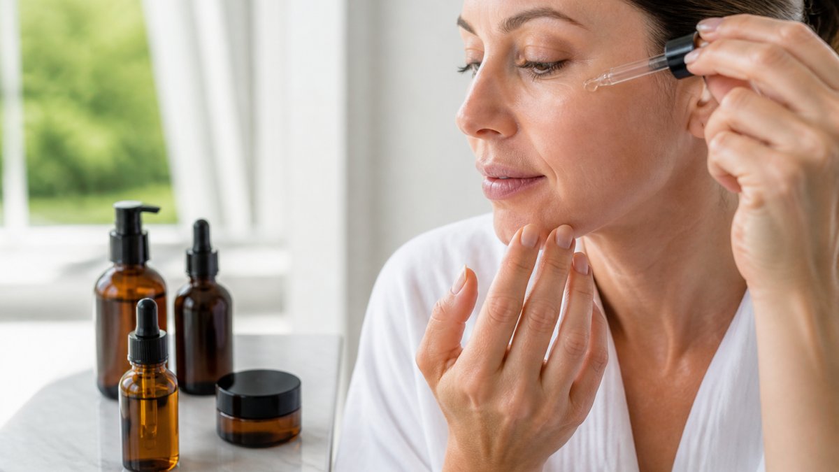 Hands applying a serum from medical-grade skincare brands onto clean skin on a marble countertop.