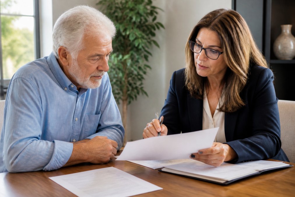 Retiree meeting with a financial advisor in a professional office setting, reviewing Medicare Supplement plan documents and insurance paperwork together at a wooden desk with natural window lighting