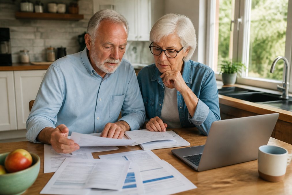 Older couple sitting at a kitchen table with Medicare documents, insurance brochures, and a laptop, reviewing coverage options together with natural sunlight coming through the window
