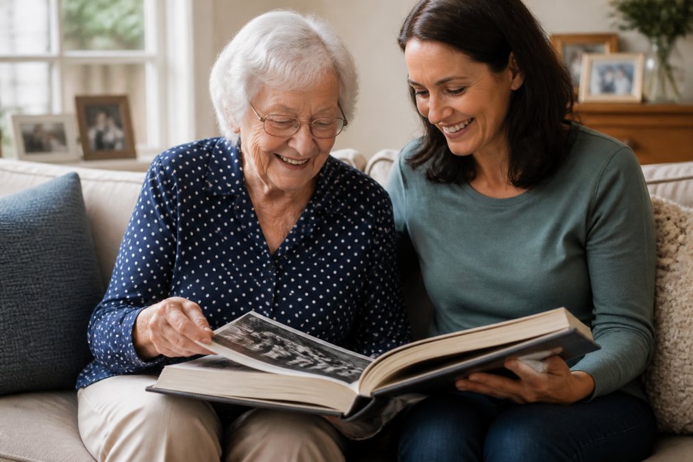 An elderly woman smiling while turning the pages of a large nostalgic photo book with her adult daughter, both seated on a comfortable couch in a warm, sunlit living room