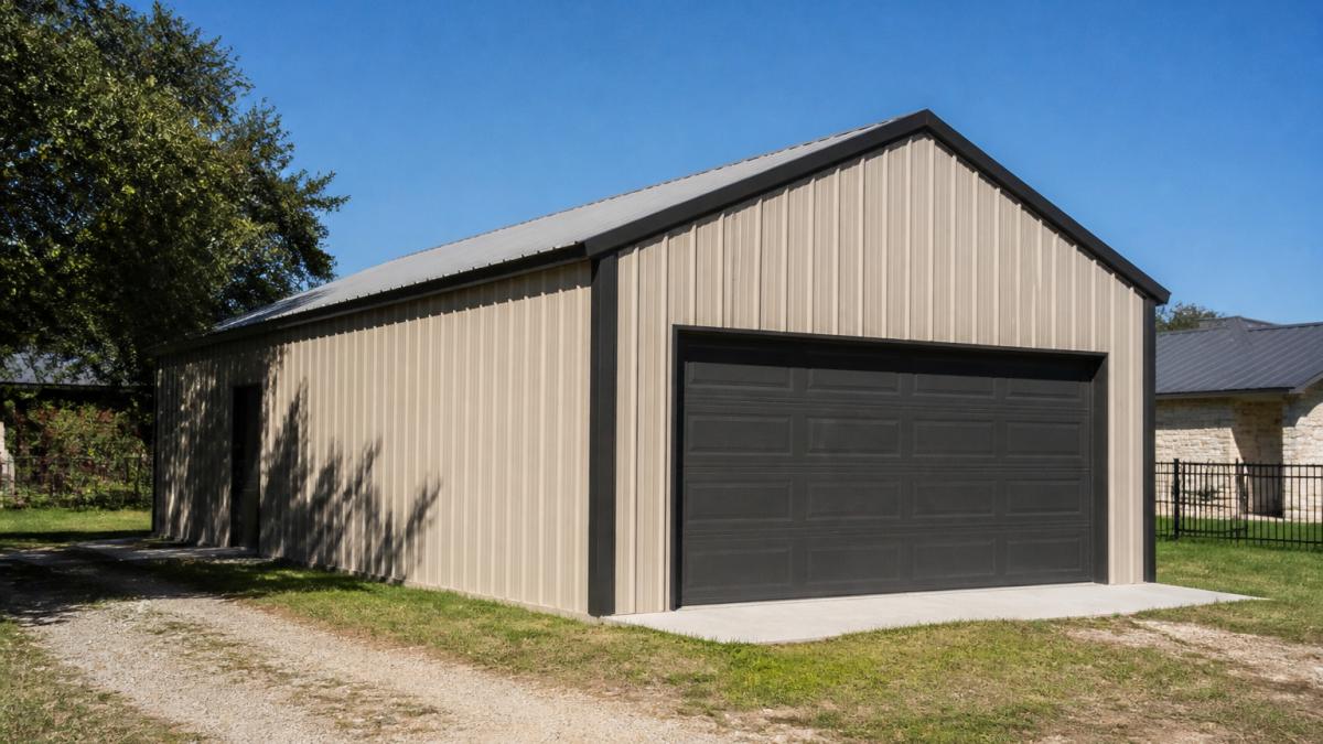 A completed metal garage with gabled roof standing on a residential property under bright South Texas sun, showing the structure's durability and clean steel framing against a clear sky
