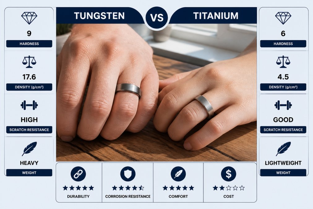 Comparison diagram showing the scratch resistance of durable wedding bands made from brushed tungsten and titanium.
