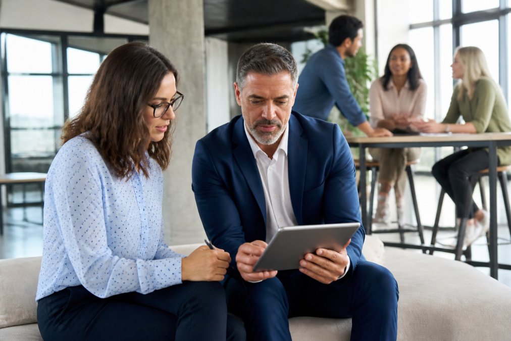 L&D manager and HR director reviewing training effectiveness metrics on a tablet in a modern office environment, with team members engaged in discussion in the background