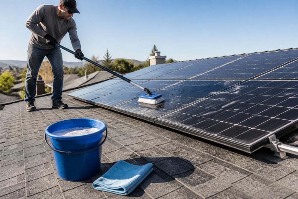 Homeowner using a soft brush and mild soaps to gently clean a solar panel on a sunny morning rooftop.