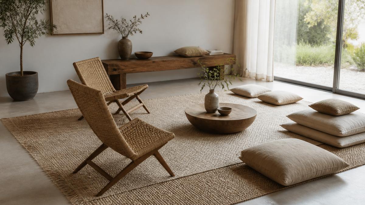 A bright, airy living room with two woven lounge chairs, a low wooden platform bench, and layered neutral rugs. Floor cushions in beige and taupe are arranged near a large window with sheer curtains. No traditional sofa is present.