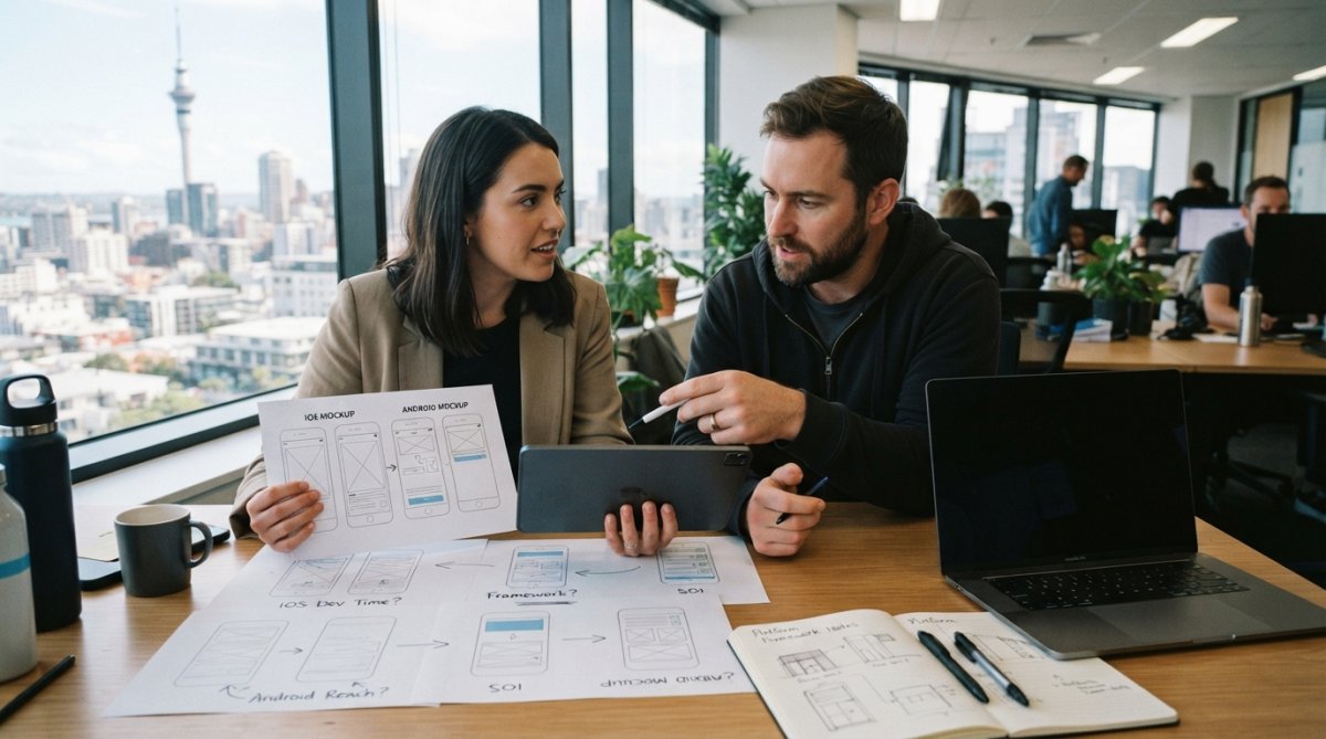 Startup founder and developer reviewing mobile app mockups on a tablet and laptop in a modern Auckland office, discussing platform options with a whiteboard showing app architecture in the background