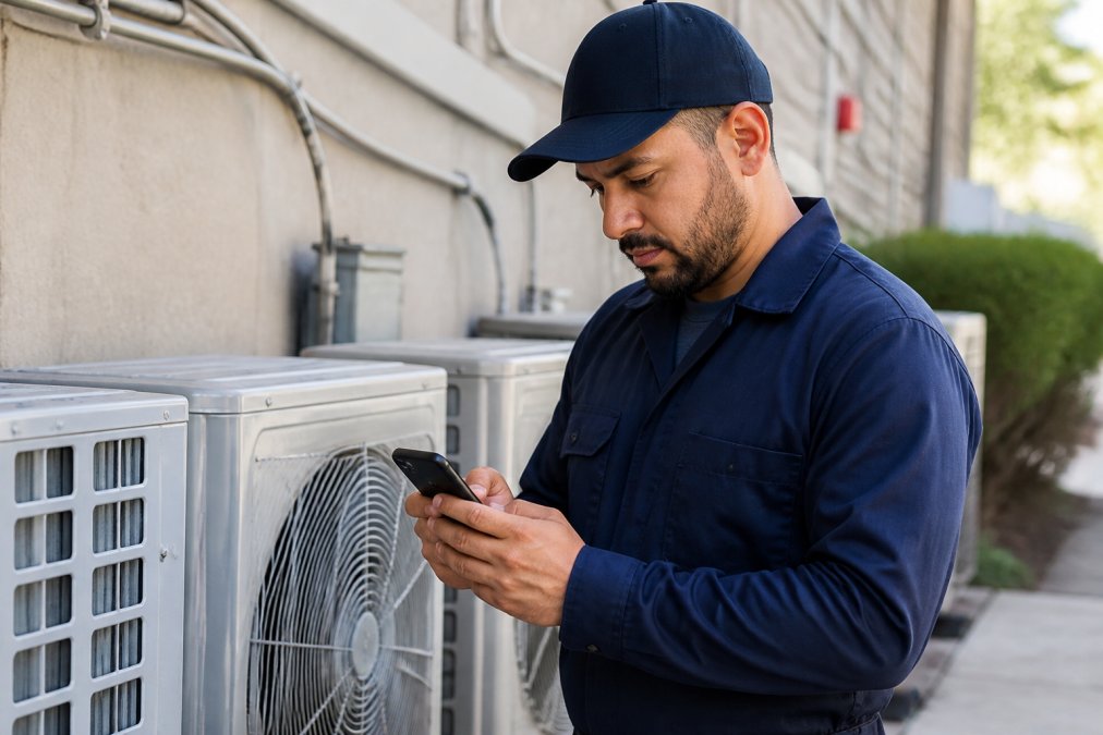 Field technician in work uniform using mobile app on smartphone at job site, work order visible on screen with sunny outdoor lighting
