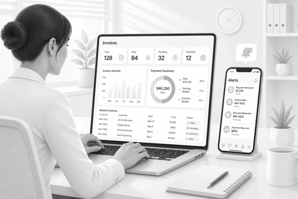 Office manager reviewing invoices and payment data on laptop with mobile phone showing field service app notifications nearby, natural office lighting
