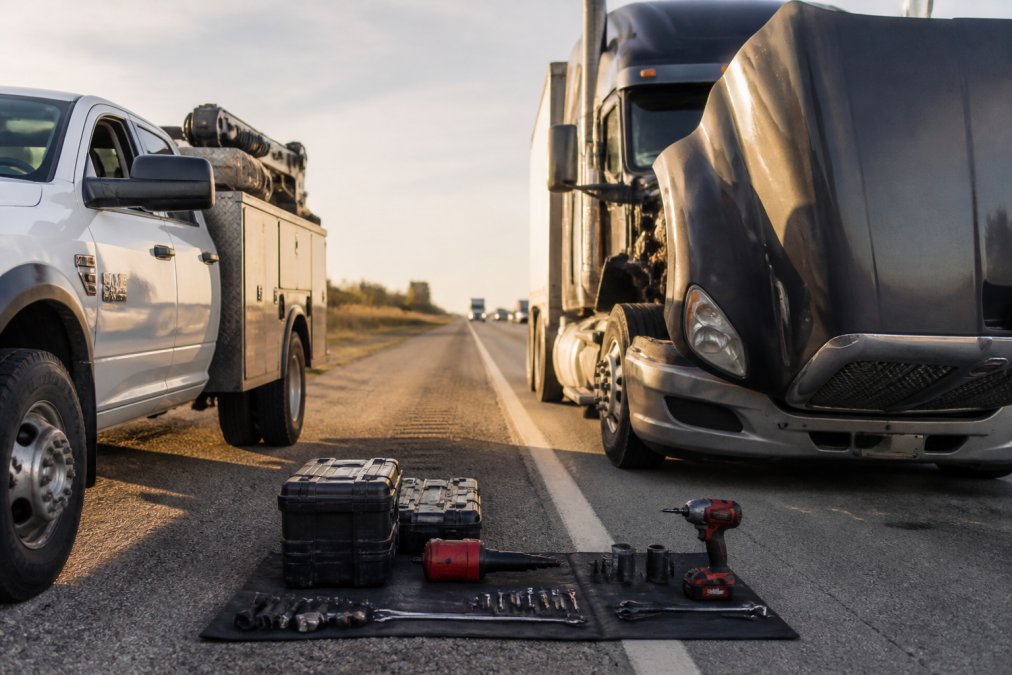 A mobile diesel mechanic's service truck parked on the shoulder of an interstate highway with the hood of a semi-truck open, tools laid out on a nearby mat, late afternoon light